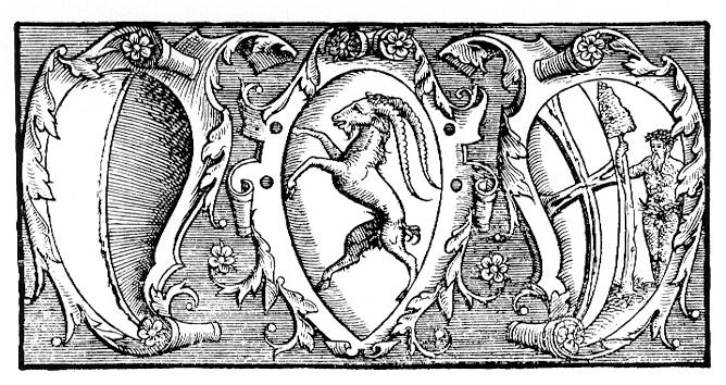 Wappen der Drei Bünde. Aus dem Titelblatt der Veltliner Talschaftsstatuten, gedruckt 1549 im Auftrag der Drei Bünde bei Dolfino Landolfi in Poschiavo.